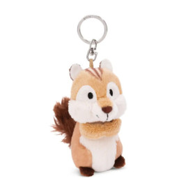 Plüsch-Schlüsselanhänger in Chipmunk-Form mit großen Augen, buschigem Schwanz und braun-weißem Fell, frontal blickend.
