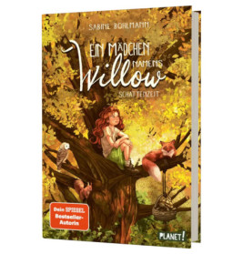 Buchcover von Ein Mädchen namens Willow: Ein Mädchen mit Tieren sitzt in einem großen Baum im Wald.