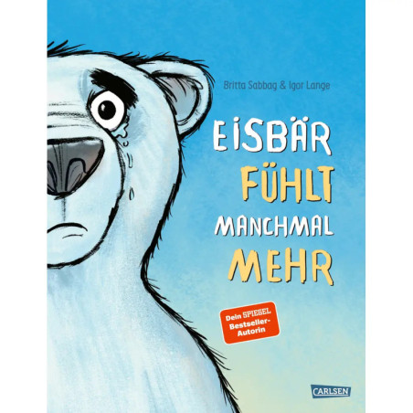 Ein nachdenklich wirkender, illustrierter Eisbär auf dem Buchcover Eisbär fühlt manchmal mehr.