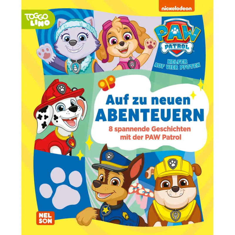 Cover eines deutschen PAW Patrol-Buchs mit sechs Hunden vor buntem Hintergrund, Titel: Auf zu neuen Abenteuern.