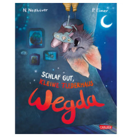 Zwei Fledermäuse hängen nachts in einem gemütlichen Raum draußen scheint der Mond. Buchtitel: Schlaf gut, kleine Fledermaus Wegd