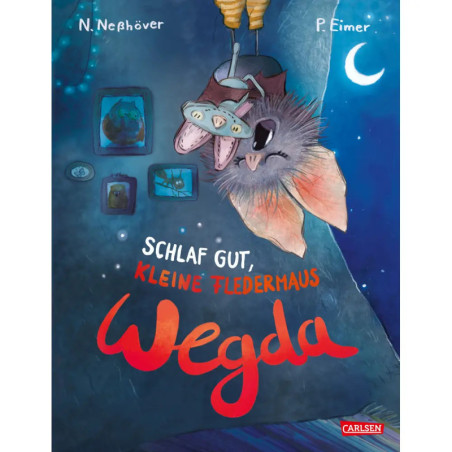 Zwei Fledermäuse hängen nachts in einem gemütlichen Raum draußen scheint der Mond. Buchtitel: Schlaf gut, kleine Fledermaus Wegd