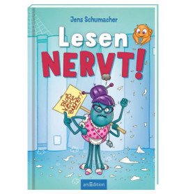 Buchcover mit wütender lila Figur und großem Titel Lesen NERVT! von Jens Schumacher.