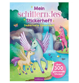 Buntes Einhorn-Stickerbuch mit Regenbögen, Wasserfall und drei Einhörnern in einer magischen Landschaft.