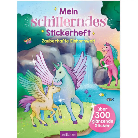 Buntes Einhorn-Stickerbuch mit Regenbögen, Wasserfall und drei Einhörnern in einer magischen Landschaft.