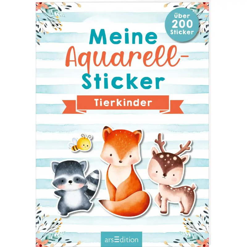 Buchcover mit Aquarell-Waschbär, Fuchs und Rehkitz, Titel: Meine Aquarell-Sticker Tierkinder, über 200 Sticker.