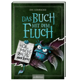 Buchcover: Blauer Käfer hält Schild mit deutschem Text auf grünem Grund, Titel: Das Buch mit dem Fluch.