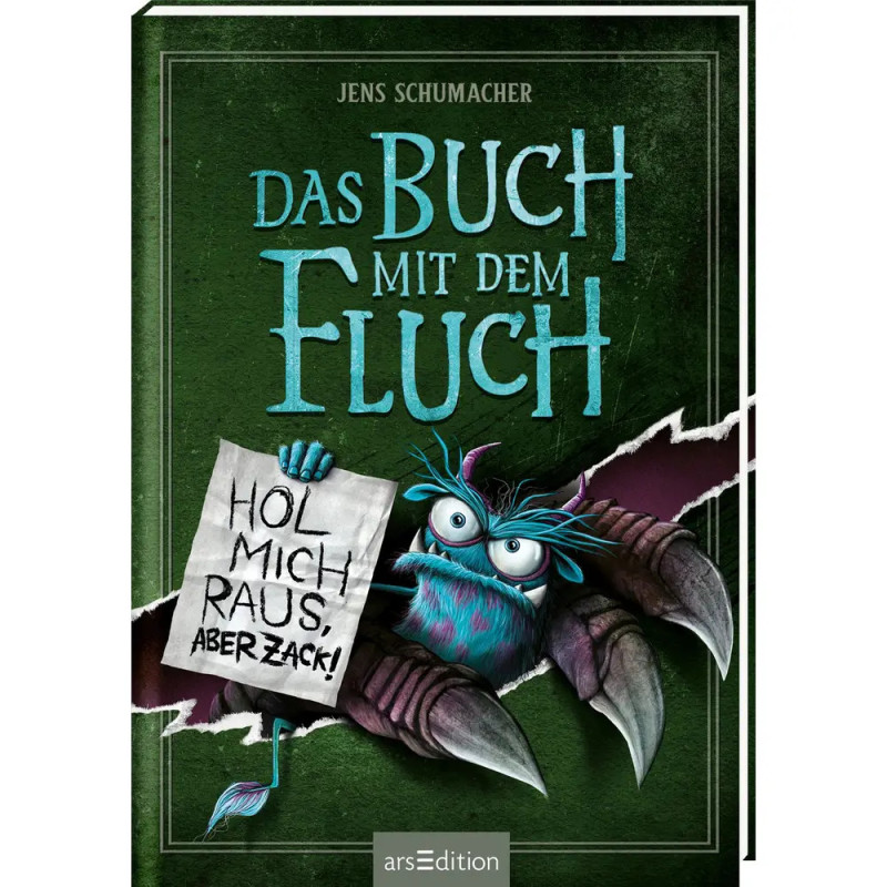 Buchcover: Blauer Käfer hält Schild mit deutschem Text auf grünem Grund, Titel: Das Buch mit dem Fluch.
