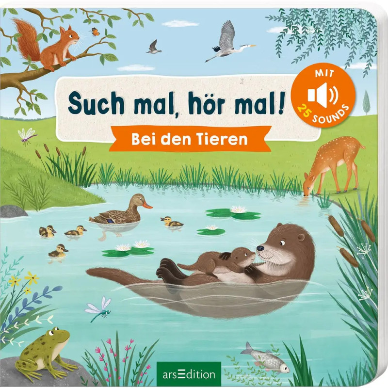 Illustrierter Buchumschlag: Otter im Teich, Hirsch, Vögel und Enten in grüner Naturlandschaft. Illustrierter Buchumschlag: Otter im Teich, Hirsch, Vögel und Enten in grüner Naturlandschaft.