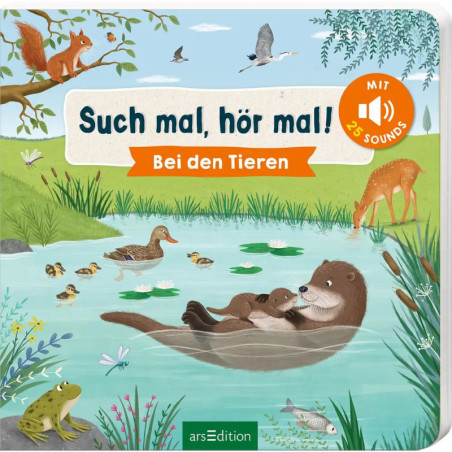 Illustrierter Buchumschlag: Otter im Teich, Hirsch, Vögel und Enten in grüner Naturlandschaft.