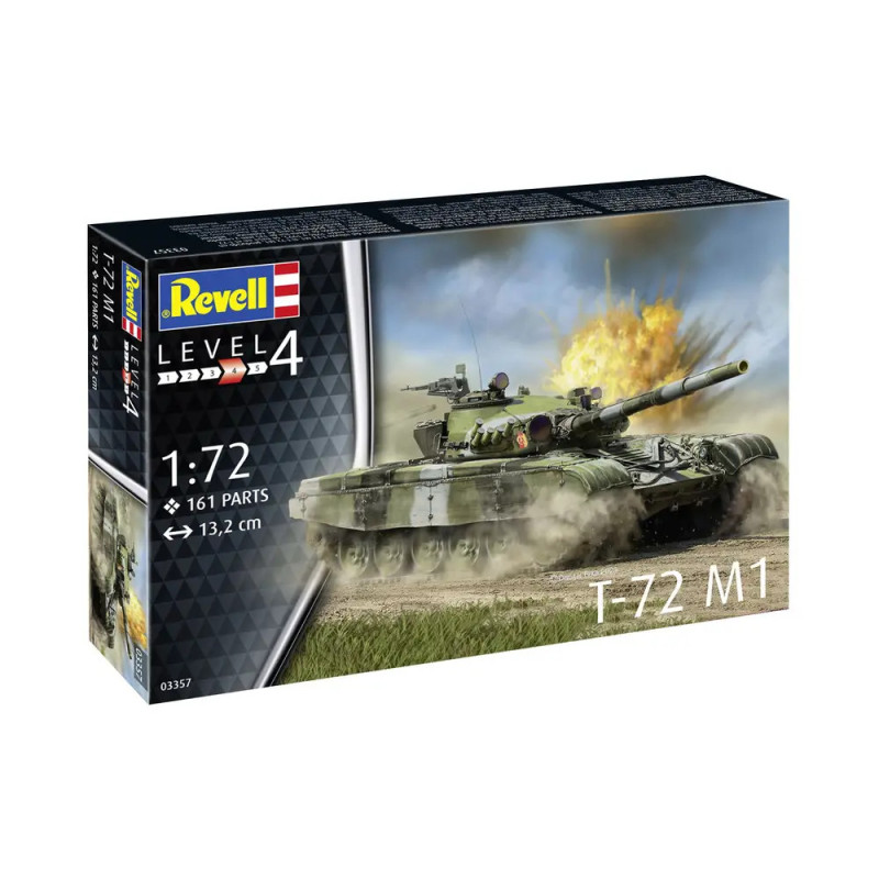 Revell Modellbausatz T-72 M1 im Maßstab 1:72 mit Panzer und Explosion auf dem Karton.
