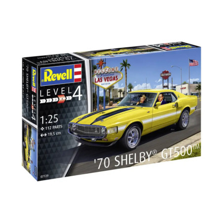 Revell Level 4 Modellbausatz, Maßstab 1:25, 70 Shelby GT500 mit gelbem Auto und Las-Vegas-Schild auf der Box.