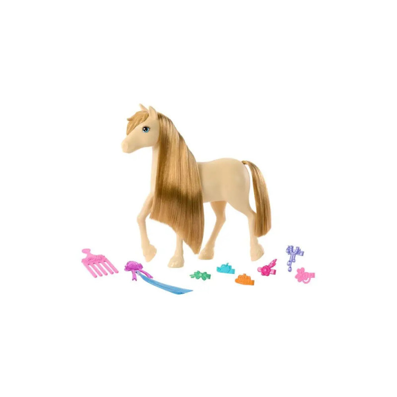 Spielzeugpferd mit langem, kämmbaren Haar und buntem Pflegezubehör davor arrangiert.
