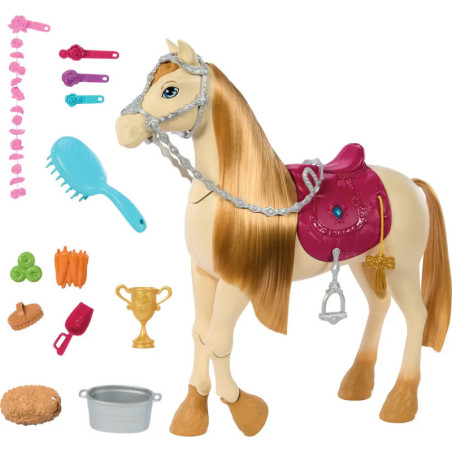 Spielzeugpferde mit blonder Mähne, rosa Sattel, Bürste, Zubehör und Siegerpokal sind darum angeordnet.
