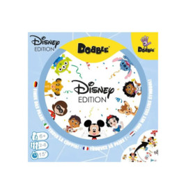 Dobble Disney Edition: Spielschachtel mit runden Karten, die Disney-Figuren wie Micky Maus zeigen.