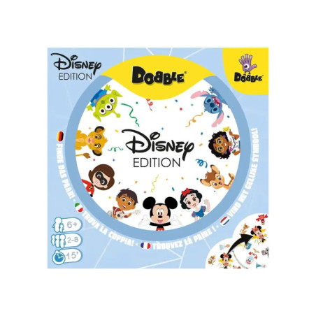 Dobble Disney Edition: Spielschachtel mit runden Karten, die Disney-Figuren wie Micky Maus zeigen.