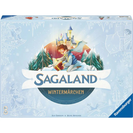 Spielschachtel Sagaland Wintermärchen mit Junge, Schloss, Schnee und Tannen auf dem Cover. Spielschachtel Sagaland Wintermärchen mit Junge, Schloss, Schnee und Tannen auf dem Cover.