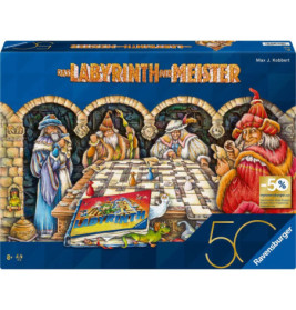 Vier Zauberer sitzen an einem Labyrinth-Brettspiel auf einer blauen Ravensburger-Box mit goldenem deutschen Text.