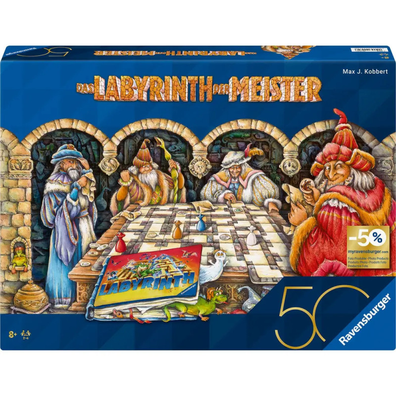 Vier Zauberer sitzen an einem Labyrinth-Brettspiel auf einer blauen Ravensburger-Box mit goldenem deutschen Text.