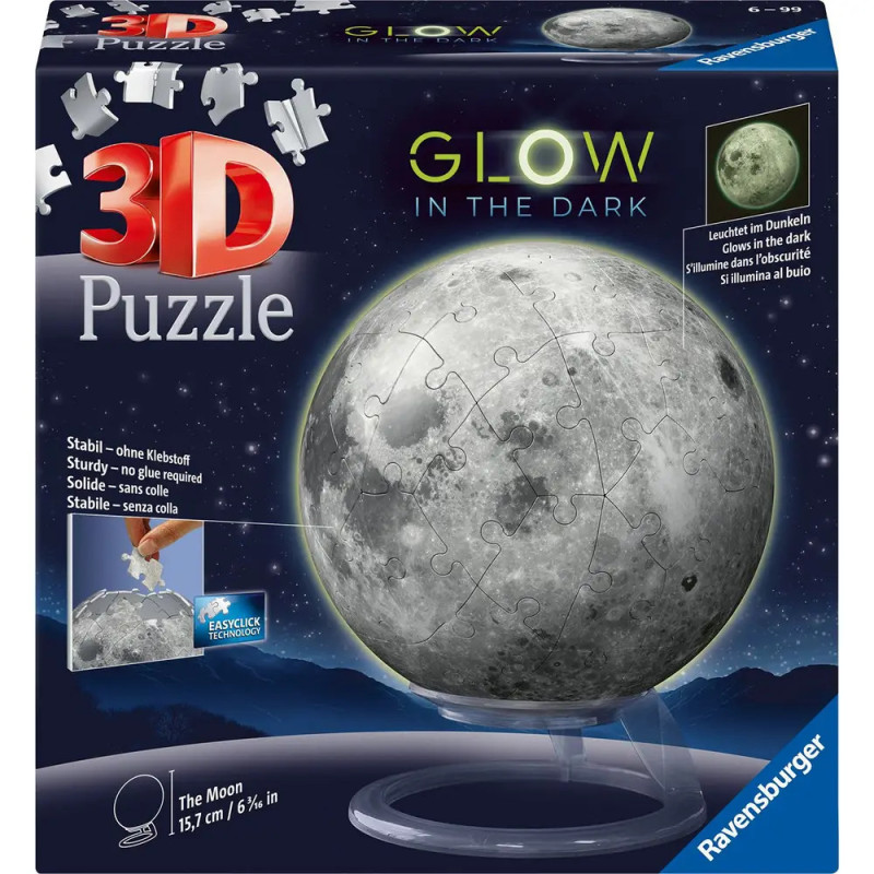 3D-Puzzlebox Mond von Ravensburger, leuchtet im Dunkeln, mit Ständer auf der Vorderseite abgebildet. 3D-Puzzlebox Mond von Ravensburger, leuchtet im Dunkeln, mit Ständer auf der Vorderseite abgebildet.