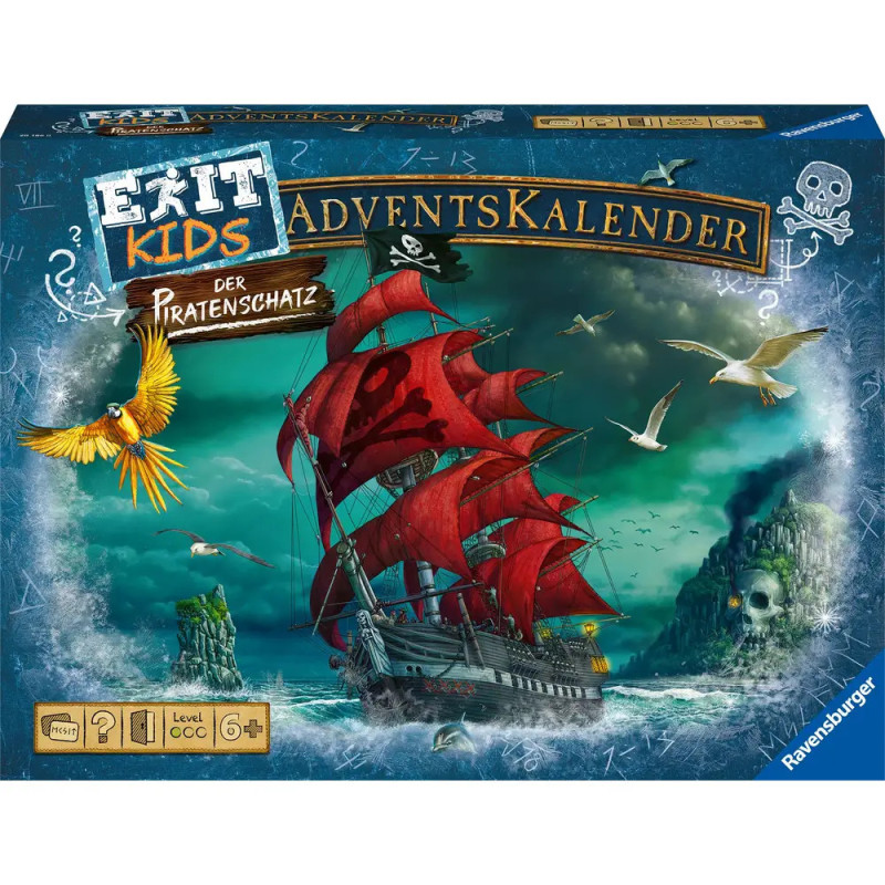 Box von EXIT Kids Adventskalender: Piratenschatz mit Piratenschiff, roten Segeln und Papagei.
