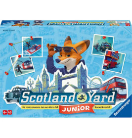 Deckel der Scotland Yard Junior Box mit Fuchs in Sonnenbrille vor Londoner Wahrzeichen.