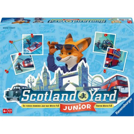 Deckel der Scotland Yard Junior Box mit Fuchs in Sonnenbrille vor Londoner Wahrzeichen. Deckel der Scotland Yard Junior Box mit Fuchs in Sonnenbrille vor Londoner Wahrzeichen.