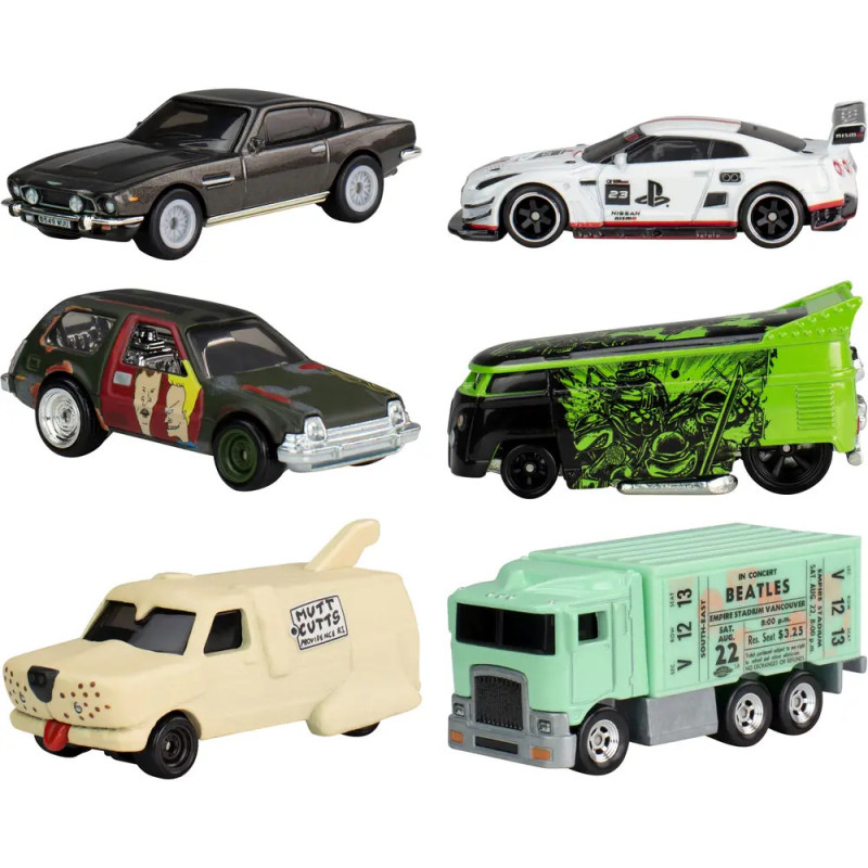Sechs bunte Spielzeugautos, darunter Vans und Sportwagen, mit unterschiedlichen Designs und Dekorationen.