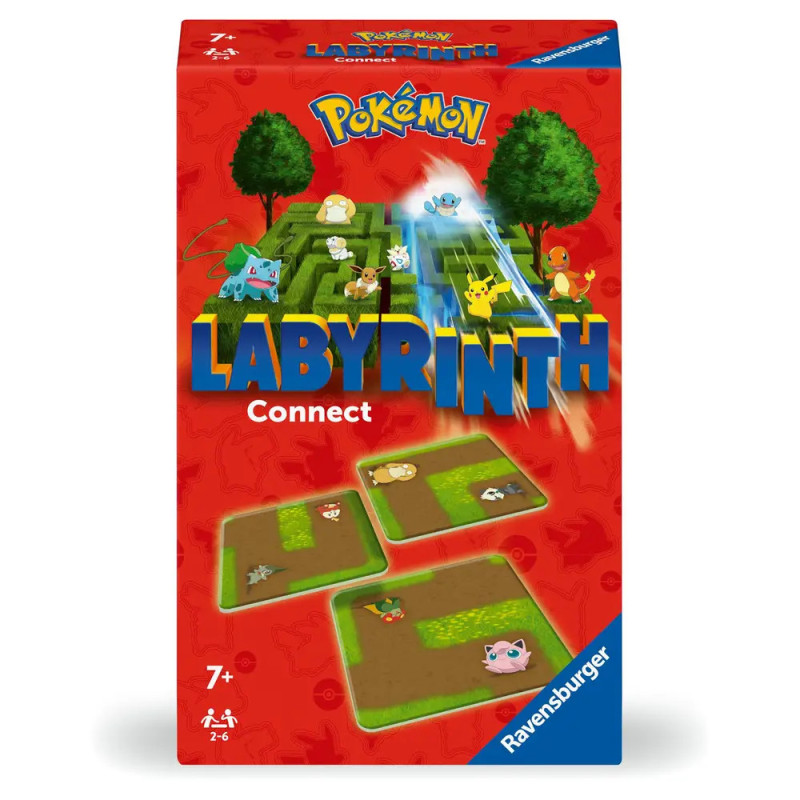 Rote Box des Pokémon Labyrinth Connect Brettspiels mit Pokémon-Figuren und Spielsteinen auf der Vorderseite.