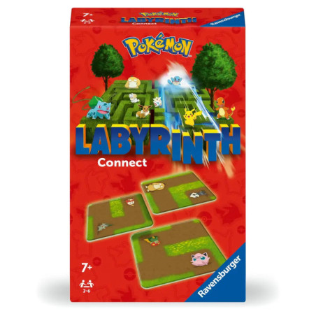 Rote Box des Pokémon Labyrinth Connect Brettspiels mit Pokémon-Figuren und Spielsteinen auf der Vorderseite.