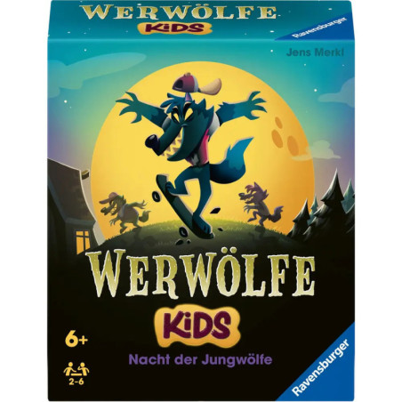 Cover des Spiels Werwölfe Kids: Ein gezeichneter Wolf heult auf dem Titelbild in Richtung Mond.