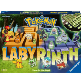 Pokémon Labyrinth Brettspielbox mit buntem Labyrinth, mehreren Pokémon und Hinweis Leuchtet im Dunkeln.