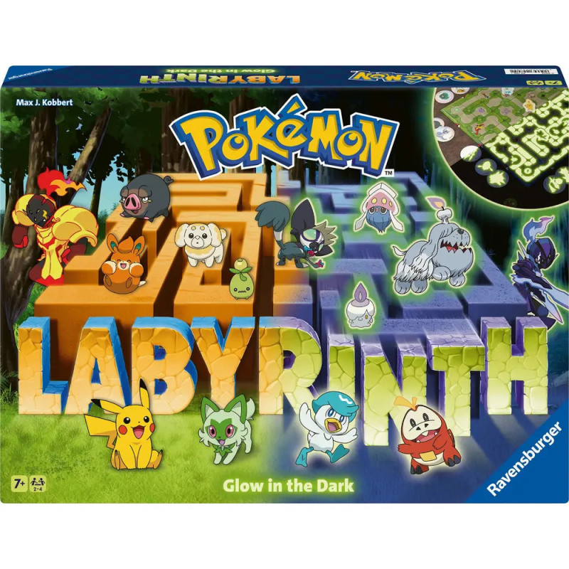 Pokémon Labyrinth Brettspielbox mit buntem Labyrinth, mehreren Pokémon und Hinweis Leuchtet im Dunkeln. Pokémon Labyrinth Brettspielbox mit buntem Labyrinth, mehreren Pokémon und Hinweis Leuchtet im Dunkeln.