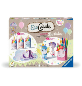 EcoCreate Unicorn Party Set Box mit Abbildungen von Einhorn-Bastelsets, Luftballons und Party-Dekorationen.