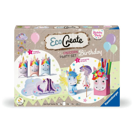 EcoCreate Unicorn Party Set Box mit Abbildungen von Einhorn-Bastelsets, Luftballons und Party-Dekorationen. EcoCreate Unicorn Party Set Box mit Abbildungen von Einhorn-Bastelsets, Luftballons und Party-Dekorationen.