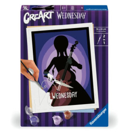 Malkasten mit Silhouette eines Mädchens am Cello, auf dem Bild steht Wednesday.