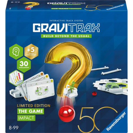 GraviTrax Impact: Spielschachtel mit Karten, Streckenteilen und goldenem Fragezeichen auf der Vorderseite.