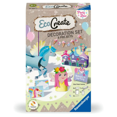 EcoCreate Deko-Set-Box mit Bastelmotiven: Einhorn, Engel und Ballons auf der Front abgebildet.