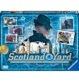 Scotland Yard Spielschachtel mit Detektiv, Londoner Wahrzeichen und Spielszenen.