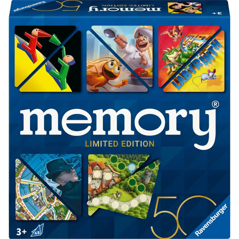 Blaue Memory-Spielbox mit bunten Karten, auf der Vorderseite steht Limited Edition 50.