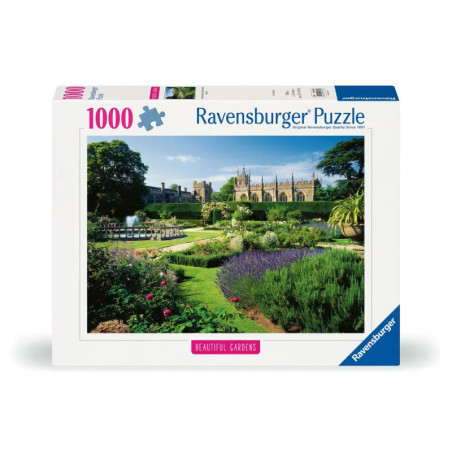 Ravensburger Puzzle mit 1000 Teilen: Bunte Gartenlandschaft und historisches Gebäude im Hintergrund.