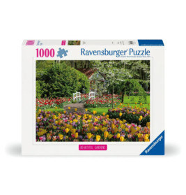 Ravensburger Puzzle mit 1000 Teilen: Das Motiv zeigt einen bunten Garten mit Tulpen, Bäumen und einer weißen Brücke.
