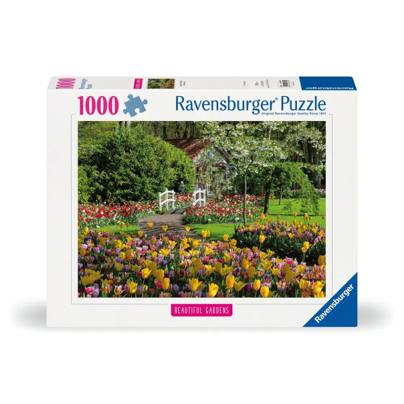 Ravensburger Puzzle mit 1000 Teilen: Das Motiv zeigt einen bunten Garten mit Tulpen, Bäumen und einer weißen Brücke.