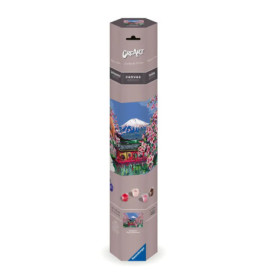Zylindrische Box für ein Malen-nach-Zahlen-Set mit Kirschblüten- und Fuji-Motiv auf der Verpackung.