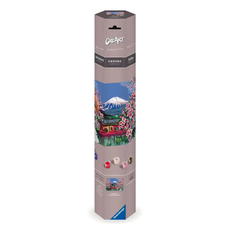 Zylindrische Box für ein Malen-nach-Zahlen-Set mit Kirschblüten- und Fuji-Motiv auf der Verpackung.