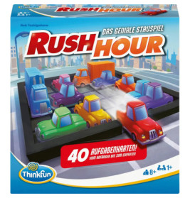 Rush Hour Spielbox mit bunten Autos und LKWs im Stau-Raster, Beschriftung auf Deutsch.