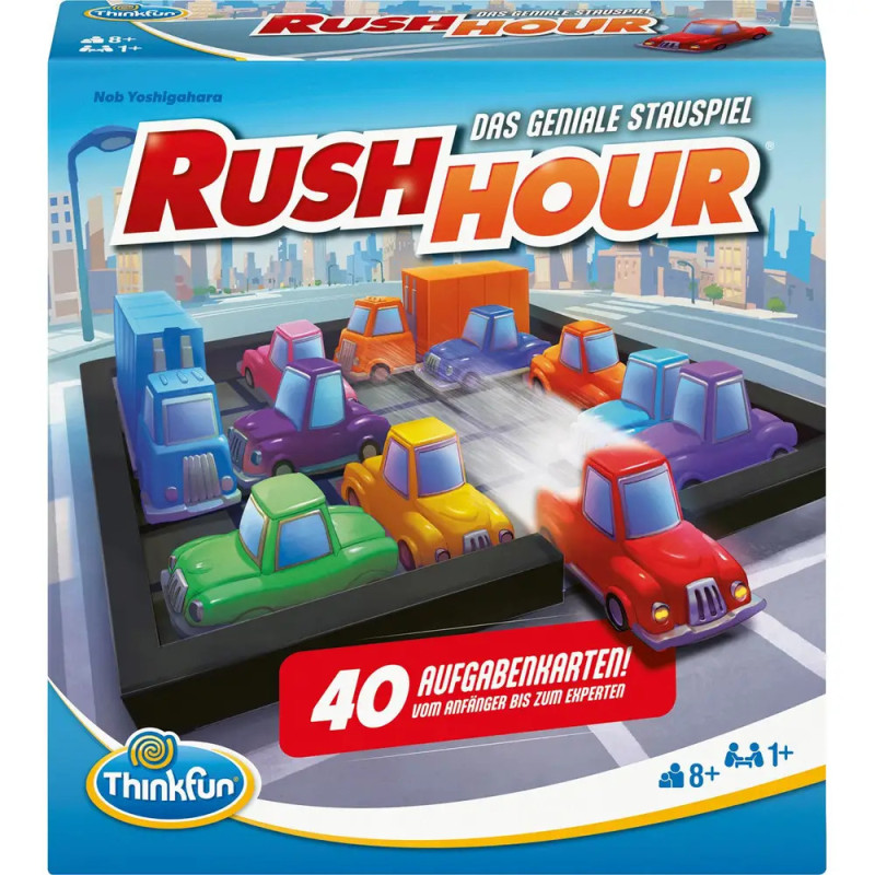 Rush Hour Spielbox mit bunten Autos und LKWs im Stau-Raster, Beschriftung auf Deutsch.