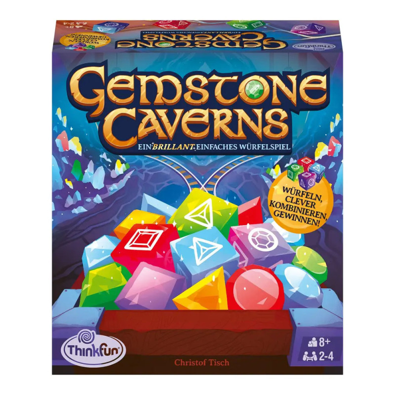 Edelsteinhöhlen Brettspiel: Schachtel mit bunten Edelsteinen und Würfeln, für 2-4 Spieler ab 8 Jahren. Edelsteinhöhlen Brettspiel: Schachtel mit bunten Edelsteinen und Würfeln, für 2-4 Spieler ab 8 Jahren.