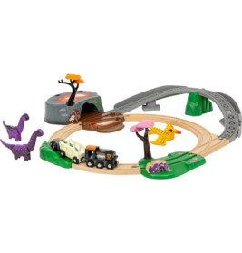 Holzeisenbahn mit Schienen, Brücke, Bäumen, Dinosauriern und Vulkanspiel-Element.