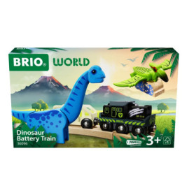 BRIO World Dinosaur Battery Train Spielzeugbox mit blauem Dinosaurier und grünem Flugsaurier auf der Vorderseite.